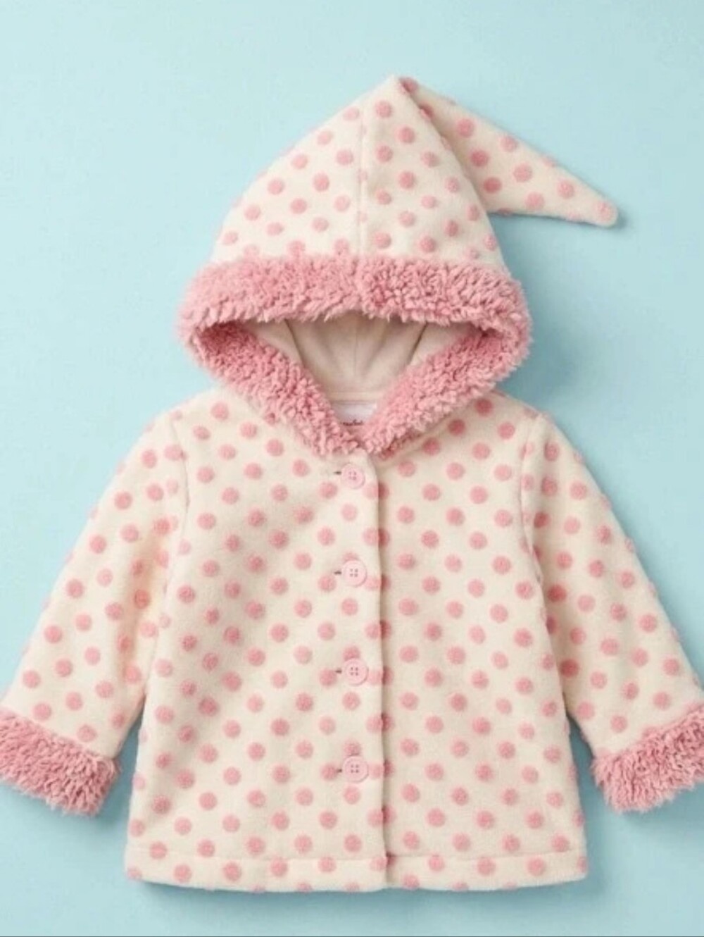 Hanna Andersson Vintage Pink Polka Dot Gnome Pixie Hood Fleece Jacket Size 70